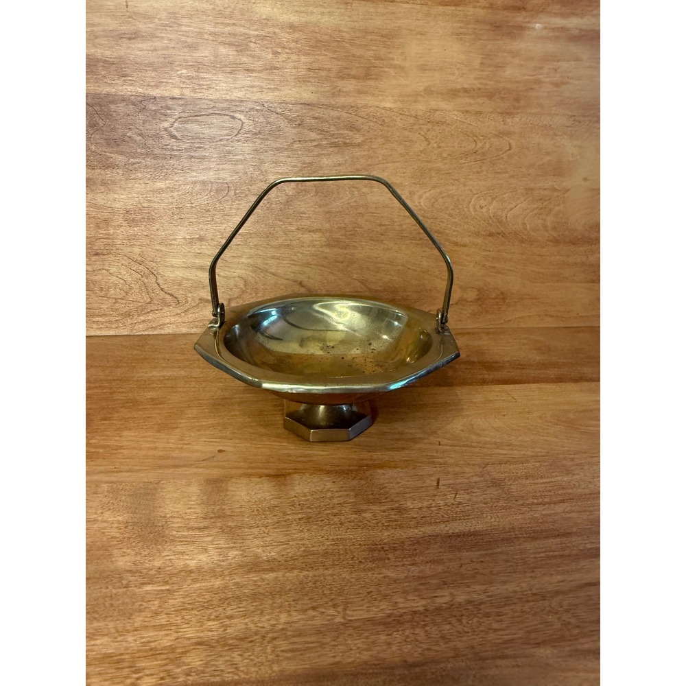 Vintage Brass Pedestal Bowl Swing Handle basket cottagecore country boho decor
